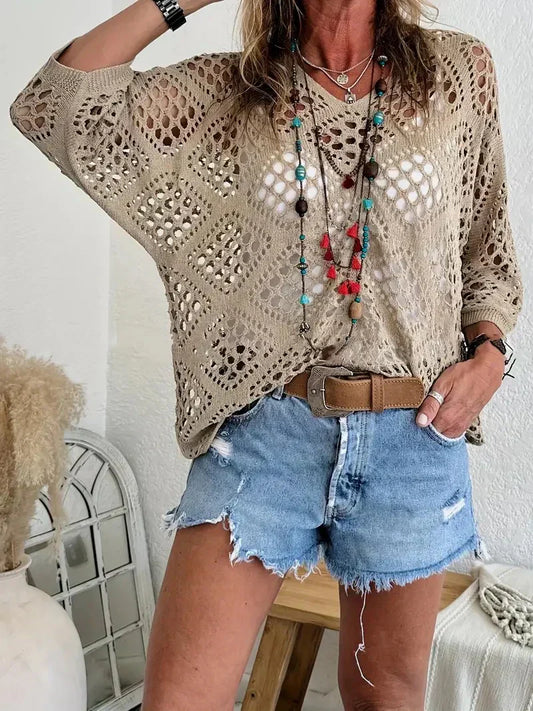 🥰Summer Sale-50% OFF💛Womens Bohemian-Inspired Beige Crochet Top With V-Neck