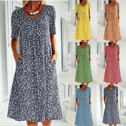 💫Summer Hot Sale💛Casual Women Scoop Neck Floral Dress (8 Colors with Pockets)