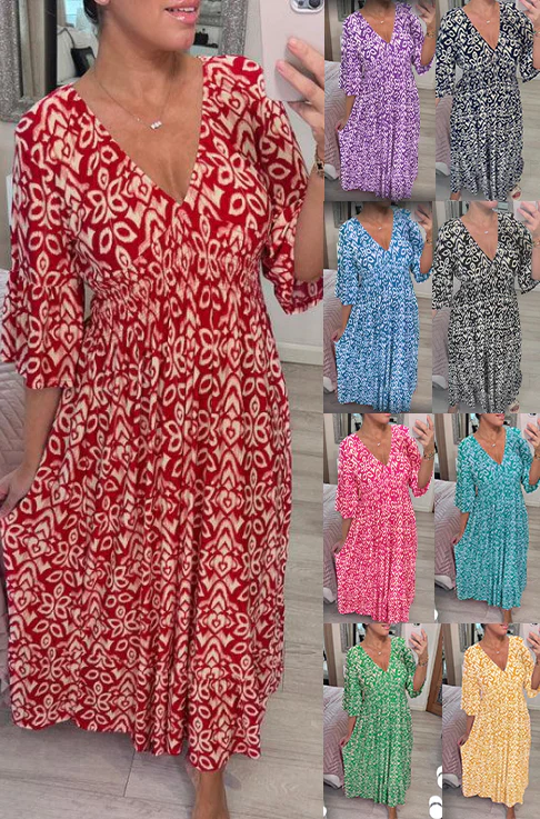 ❤️‍🔥2025 Summer Sale 49% OFF🌷Bohemian casual print V-neck waist wrap long dress