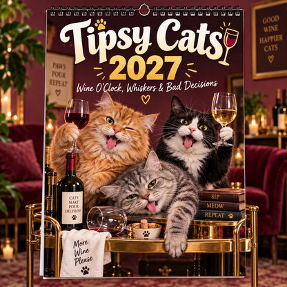 Tipsy Cats 2027 Wall Calendar - Funny Drunken Wine‑Loving Cat Monthly Wall‑Hanging Calendar, Humorous Cat Art, Sunday‑Start Spiral Calendar, Fun Gift for Cat & Wine Lovers