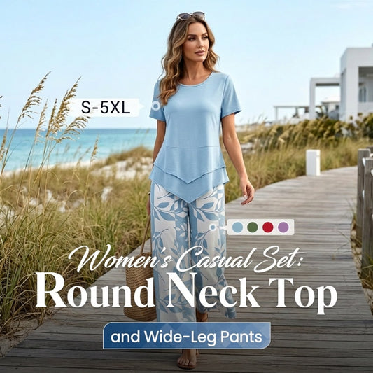 🥳50% OFF!🔥Casual Round Neck Layered Tunic Top and Wide Leg Pants Set