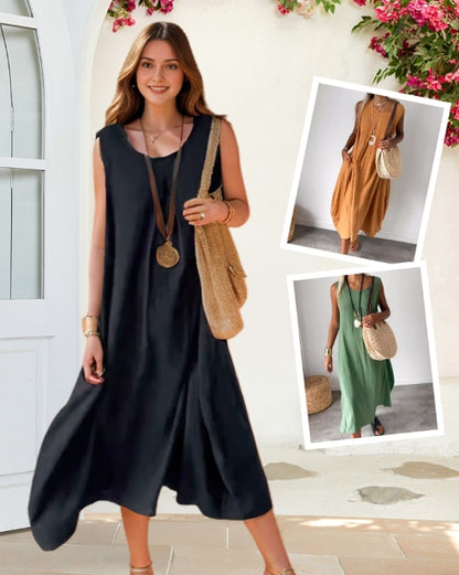 Cotton Linen Sleeveless Casual Dress with Pocket