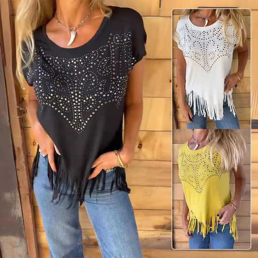 💥Last Day Special Sale 60% OFF👚Women's Solid Colour Short Sleeve T-shirt With Hot Print And Frayed Hem