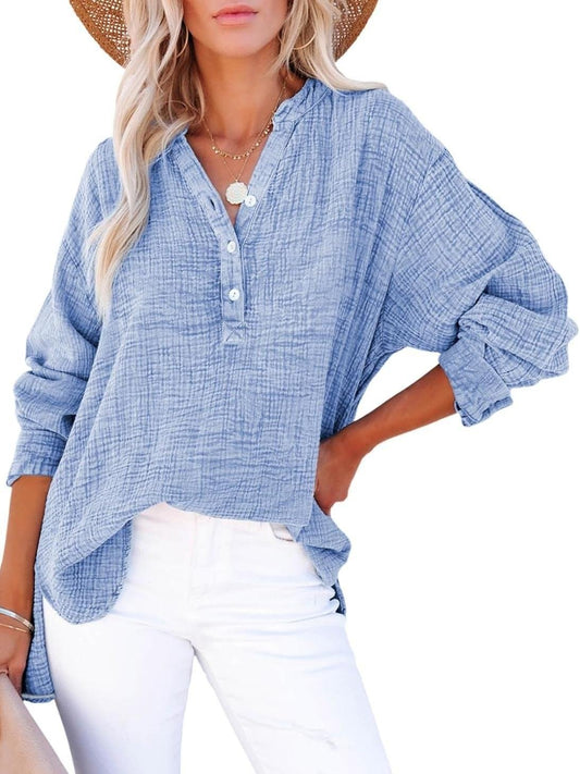 💥2025 New Fashion❤️‍🔥Womens Casual Button V Neck Long Sleeve Shirts Oversized Solid Blouses Tops