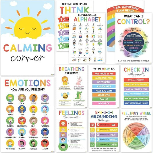 🎁Last Day 50% OFF🌈12 PCS Calming Corner Posters - Feelings Wheel Chart & Emotions Poster For Kids