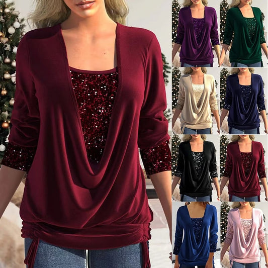 🎅Christmas Sale-50% Off🎁Sequin Loose Smocked Fake Two-Piece Top