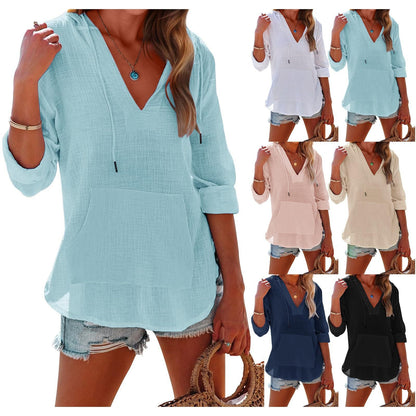 ⏰Limited Time Sale-50% OFF🏖️Women's Oversized Hooded Beach Cover Up-Long Sleeve V-Neck Pocket Shirt
