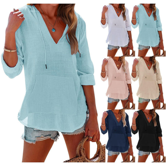 ⏰Limited Time Sale-50% OFF🏖️Women's Oversized Hooded Beach Cover Up-Long Sleeve V-Neck Pocket Shirt