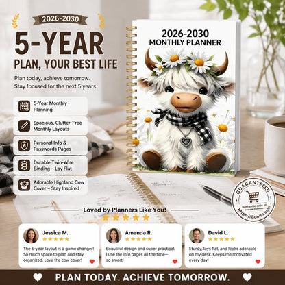 🐮Highland Cow (2026-2030) 5-year Calendar 📅annual calendar planning, month labels