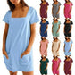✨Clearance Sale-50% Off👗Women's Casual Square Neck Pocket Short Sleeve Dress with Pockets