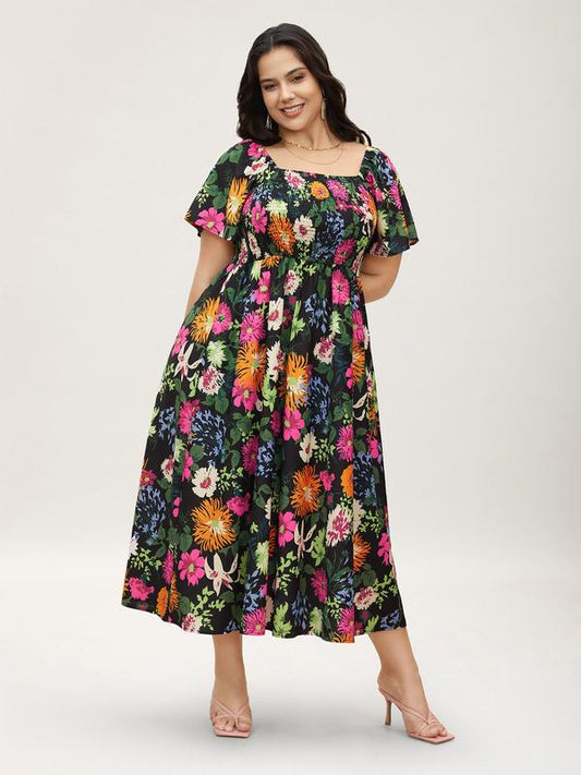 🌸Summer Hot Sale 70% OFF💃Floral Smocked Square Neck Midi Dress with Pockets