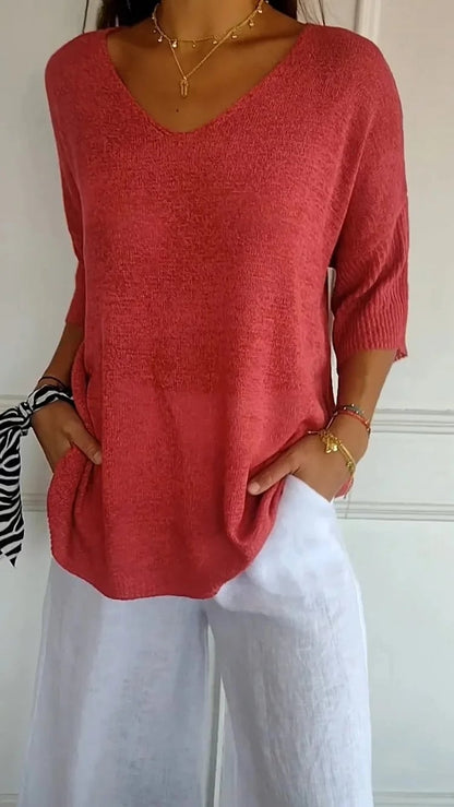 💥Clearance Sale-50% OFF🥰Women‘s Solid Color Knitted V-neck Top