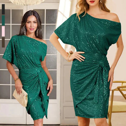 💖Christmas Sale-50% Off✨Women's Sequin Sparkly Glitter One Shoulder Ruched Bodycon Dress