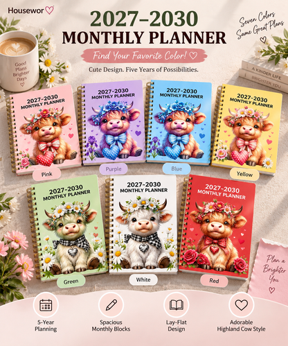 🐮2026–2030 Monthly Planner✨Cute Highland Cow 5-Year Calendar | Large Monthly Blocks for Long-Term Planning
