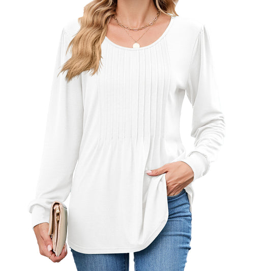 🏆50% OFF🤩Womens Dressy Long Sleeve Pleated Tops Casual Chic Crew Neck Blouses