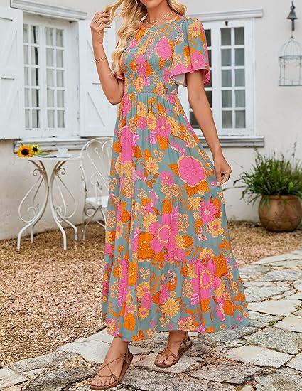 🌷Early Summer Sale-50% Off🌸2026 Summer Casual Floral Print Short Flutter Sleeve Crew Neck Smocked High Waist Flowy Maxi Dress