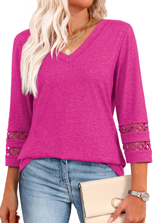 💖2025 New Style👚Women’s Solid Casual V-Neck Top with 3/4 Sleeves