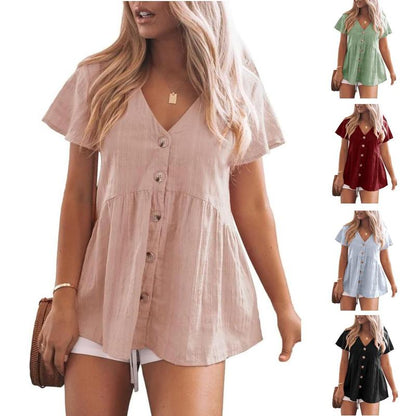 💖Last Day 50% OFF💖Women's Short Sleeve V Neck Ruffle Hem Blouse Top
