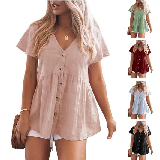 💖Last Day 50% OFF💖Women's Short Sleeve V Neck Ruffle Hem Blouse Top