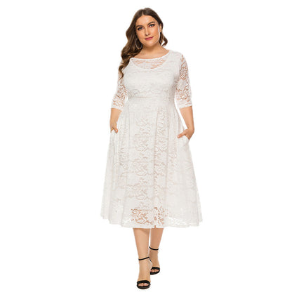 Plus Size Women's Lace Dress with 2 Side Pockets