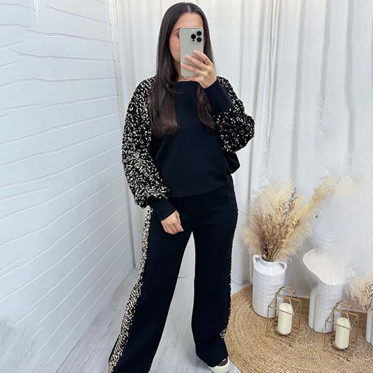 🔥Big Sale 49% OFF🔥Women's Sequin Detail Sweatshirt & Wide-Leg Pants Set