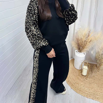 🔥Big Sale 49% OFF🔥Women's Sequin Detail Sweatshirt & Wide-Leg Pants Set