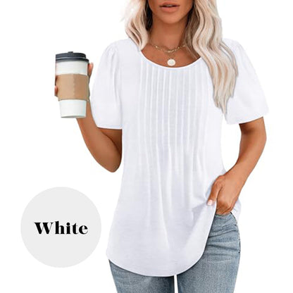 🍀End-Of-Summer Clearance Sale👚Women's Short Sleeve Pleated Dressy Casual Scooped Neck Tops