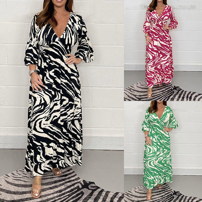 💥Spring Sale 49% Off👗V-Neck Zebra Stripe Waistline 3/4 Sleeve Dress