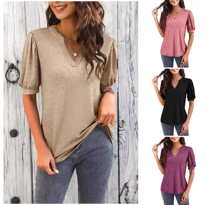 🔥Super Special Price-50% OFF👚Women's V-Neck Casual Puff Short Sleeve Top Elegant T-Shirt
