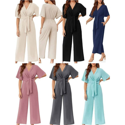 🔥Last Day Sale 50% Off💕Women's Elegant V-Neck Wide Leg Waist Tie Jumpsuit
