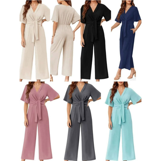 🔥Last Day Sale 50% Off💕Women's Elegant V-Neck Wide Leg Waist Tie Jumpsuit