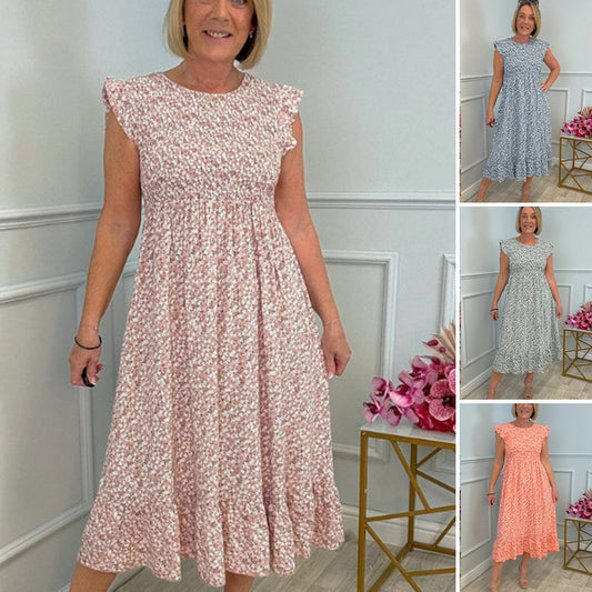 🔥💐Spring Sale-49% Off💃Women's Elegant Floral Print High-Waisted Ruffle Cap Sleeve Dress