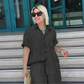 Breathable Solid Color 2-Piece Set - Short-Sleeved Collared Shirt & Wide-Leg Pants
