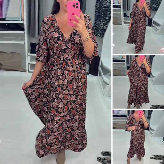 💐New Arrival-50% Off🌺V-neck Printed Maxi Dress with 3/4 Sleeves