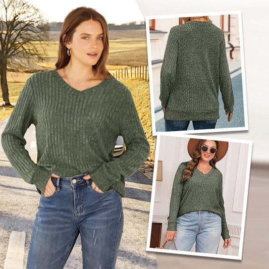 🎉LAST DAY-50% OFF🤩Women's V Neck Long Sleeve Solid Sweater