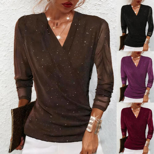 🎅Christmas Sale-60% Off💎Women's Sparkle Crossover V-Neck Long Sleeve Top