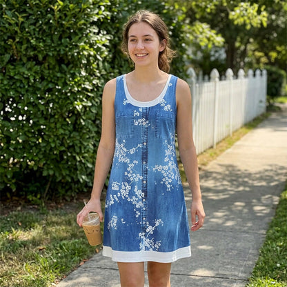 🌿Summer Sale-50% OFF💖Women's Faux Two-Piece Denim Print Dress