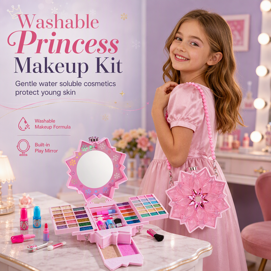 👑50% OFF! 🎁Washable Kids Princess Makeup Toy Set – Safe Non-Irritating Formula, Expandable Revolving Trays & Portable Shoulder Handbag Case🎀
