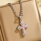 📢📢50 % DE RÉDUCTION !! ⏰Hip Hop Double Layer Baguette Rhinestone Cross Brass with Figaro Chain