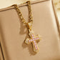 📢📢50 % DE RÉDUCTION !! ⏰Hip Hop Double Layer Baguette Rhinestone Cross Brass with Figaro Chain