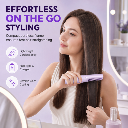 Portable Cordless Hair Straightener Brush and Curler 2 in 1 Mini Rechargeable Hair Straightening Comb for Travel